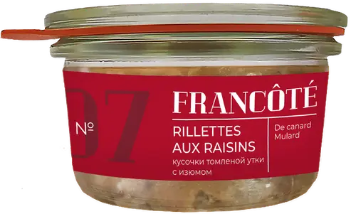 Консервы из мяса уток Rillettes de canard aux raisins пашт мясн стер ст/б 120г