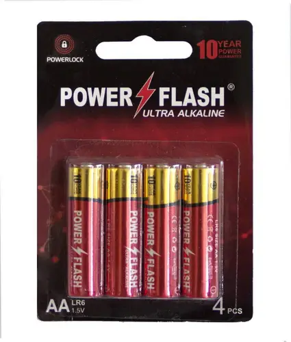 Батарейки «Power Flash» Ultra Alkaline АА, 1.5 V, 4 шт, ресурс 420 - 430 мин.