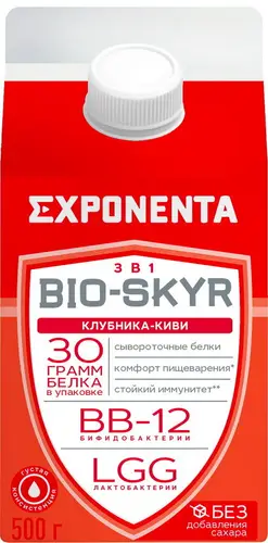 Напиток к/м EXPONENTA BIO-SKYR 3в1 клубника-киви обезж с выс содерж белка обогащ бифидобакт BB-12 лактобакт LGG 500г