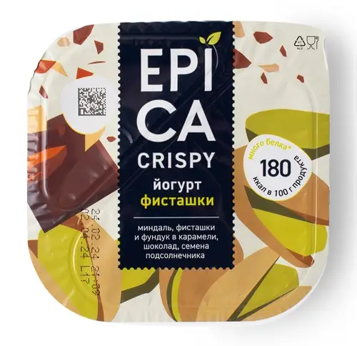 Йогурт Epica Crispy с фисташками 10,5% и смесь из семян подсолнечника, орехов и темного шоколада