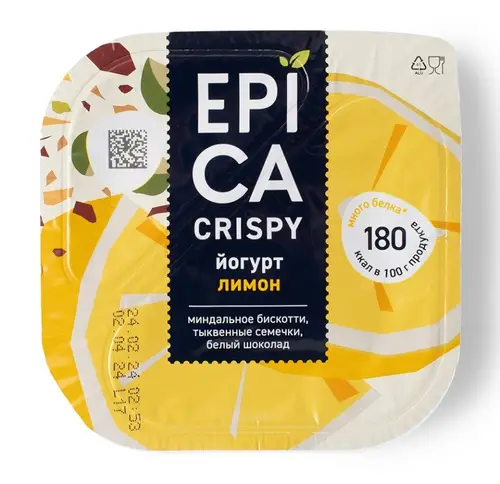 Йогурт Epica Crispy с лимоном 8,6% и смесь из семян тыквы, печенья бискотти и белого шоколада