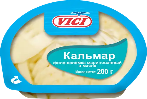 Кальмар Гигантский маринованный VICI филе в масле с пряностями, соломка, 200г