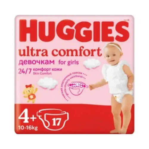 Huggies, Подгузники Huggies Uc S4+ 17Шт 10-16Кг Д/Девочек, Шт, ШК: 5029053543741