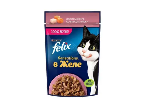 Корм Felix Sensations лосось со вкусом трески в желе 75 гр