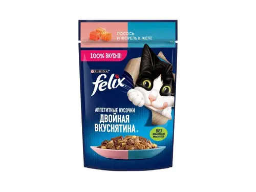 Корм Felix Аппетитные Кусочки Двойная Вкуснятина лосось и форель в желе 75 гр