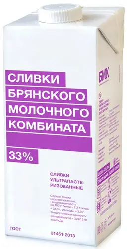 Сливки Брянский Молочный Комбинат ультрапастеризованные 33% 1 л