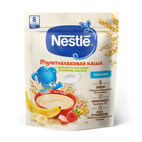 Каша Nestle Мультизлаковая с бананом, кусочками земляники и бифидобактериями BL (8+ мес) 220 г