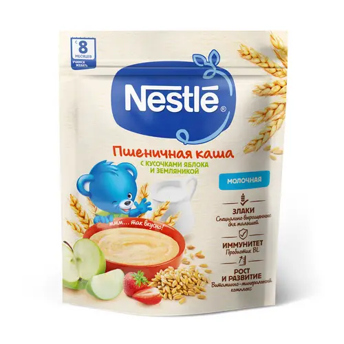 Каша Nestle пшеничная с кусочками яблока и земляникой молочная для детей (8+ мес) 200 г