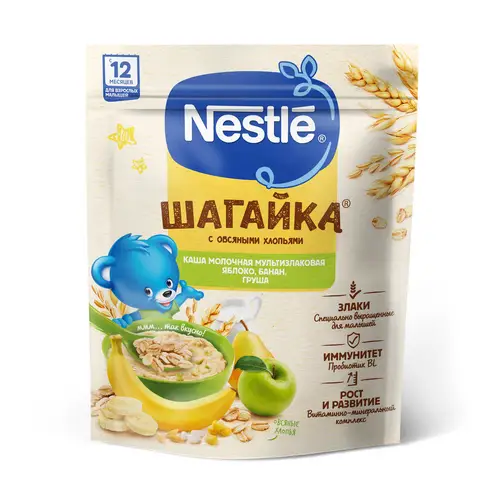 Каша Nestle Шагайка мультизлаковая с яблоком, бананом, грушей молочная для детей (12+ мес) 190 г