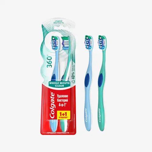 Щетка зубная Colgate 360 Суперчистота всей полости рта многофункциональная антибактериальная, средней жесткости,1+1