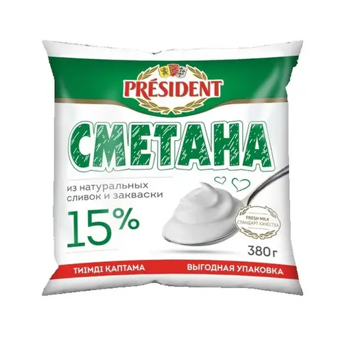 President/Фудмастер, сметана president 380гр 15% фп, цена за шт, ШК: 4870207312956