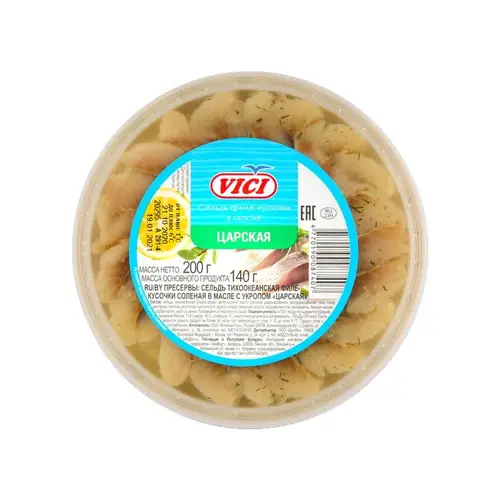 Vici, сельдь vici 200гр царская кусочки филе в/м с укр, цена за шт, ШК: 4770190087407