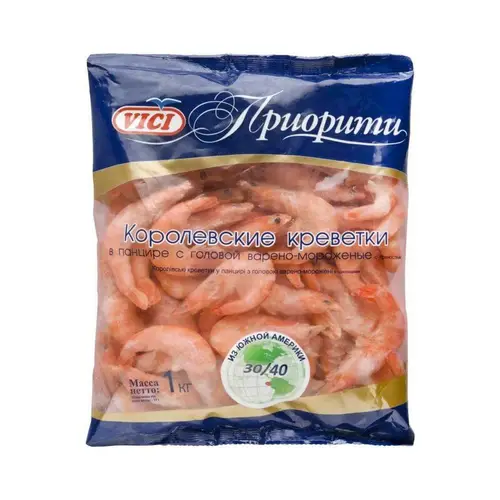 Vici-Креветки, креветки королевские vici 1кг в панцире в/м 30/40, цена за шт, ШК: 4770190045513